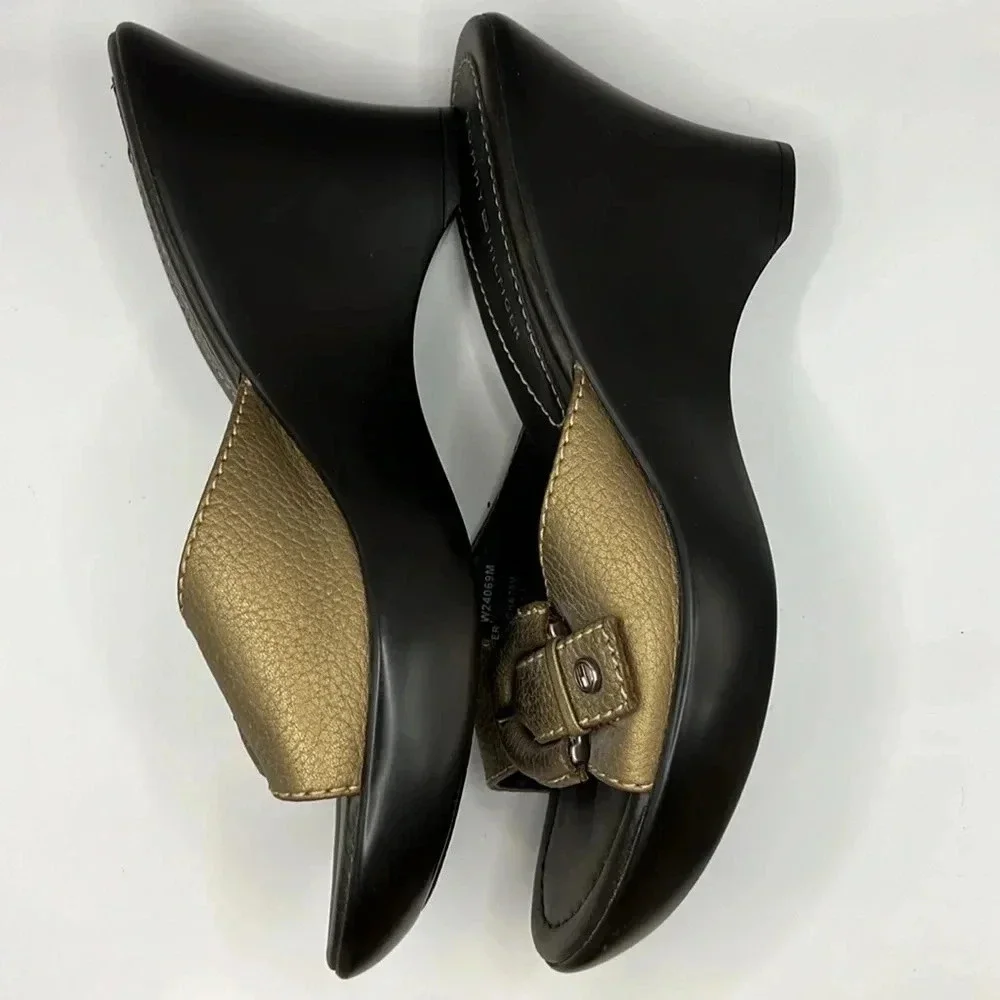 Tommy Hilfiger women’s Greer‎ gold leather wedge 4 inch heels open toe 8.5 Event